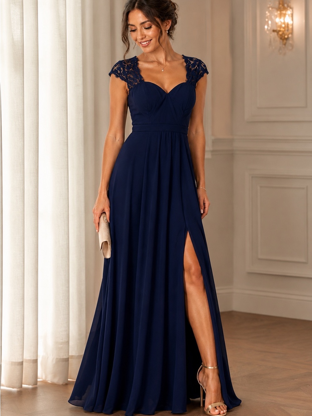 Lulus Navy Lace Maxi Dress XS Wedding Guest Bridesmaid Formal Gown Side Slit